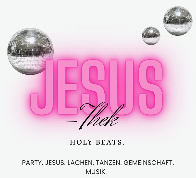 Jesusthek – Holy Beats. Pinker Schriftzug mit silbernen Discokugeln.